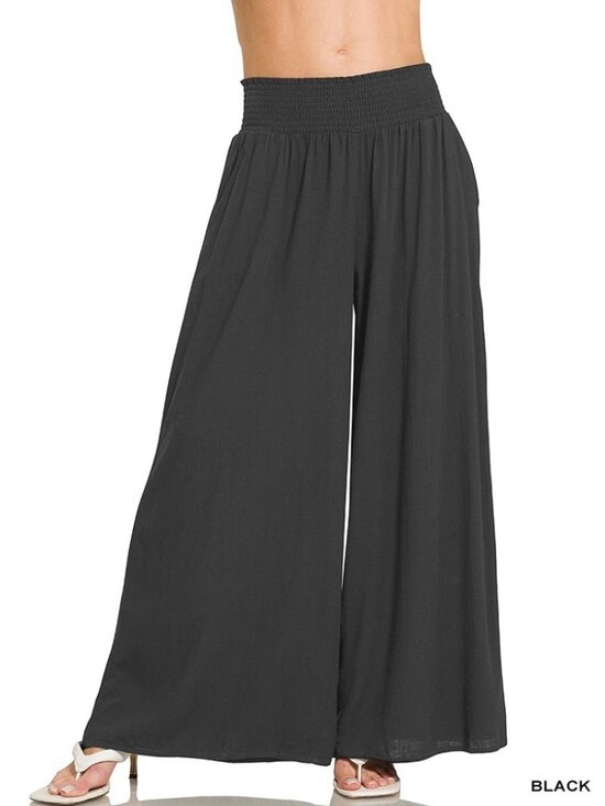 Zenana Pants - Zenana Black Smocked Waist Wide Leg Pants – Flowy Comfortable Lounge Trousers